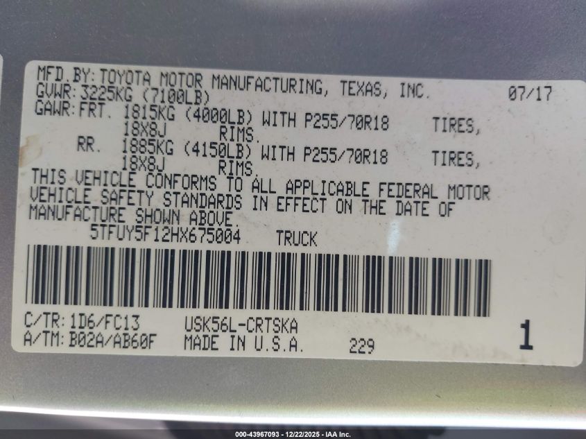2017 Toyota Tundra Sr5 5.7L V8 VIN: 5TFUY5F12HX675004 Lot: 43967093