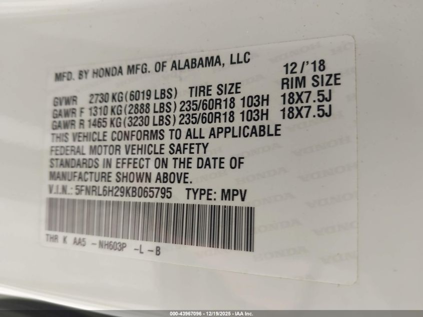 2019 Honda Odyssey Lx VIN: 5FNRL6H29KB065795 Lot: 43967096