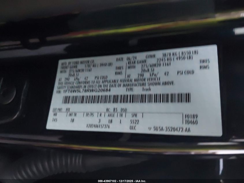 2024 Ford F-150 Lightning Lariat VIN: 1FT6W5L78RWG20684 Lot: 43967102