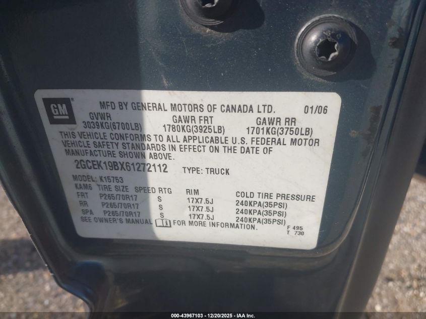 2006 Chevrolet Silverado 1500 Lt3 VIN: 2GCEK19BX61272112 Lot: 43967103