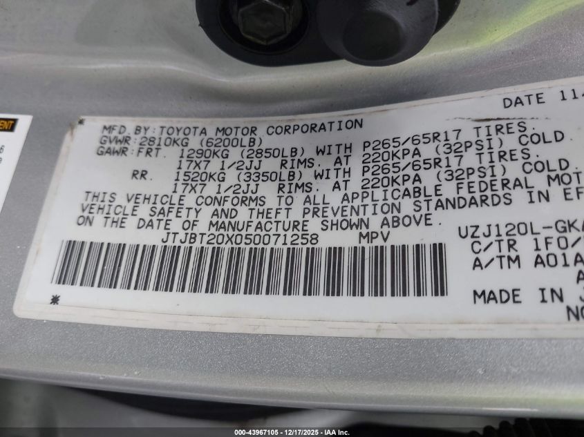 2005 Lexus Gx 470 VIN: JTJBT20X050071258 Lot: 43967105