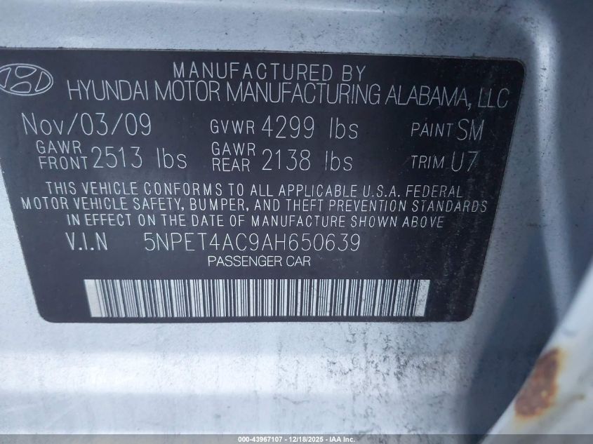 2010 Hyundai Sonata Gls VIN: 5NPET4AC9AH650639 Lot: 43967107