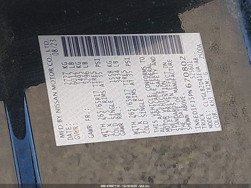 2023 Nissan Frontier Long Bed Sv 4X2 VIN: 1N6ED1FJ5PN670802 Lot: 43967110