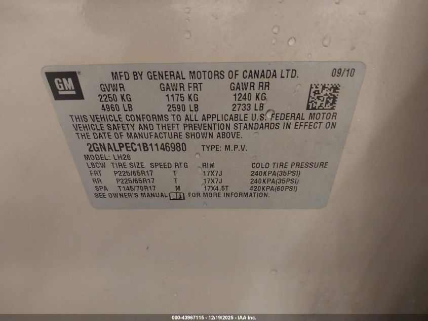 2011 Chevrolet Equinox 2Lt VIN: 2GNALPEC1B1146980 Lot: 43967115