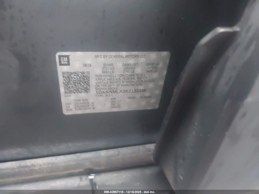 2019 GMC Acadia Slt-1 VIN: 1GKKNMLA2KZ133349 Lot: 43967118