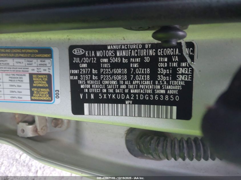 2013 Kia Sorento Ex V6 VIN: 5XYKUDA21DG363850 Lot: 43967119