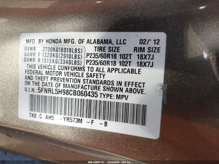 2012 Honda Odyssey Touring/Touring Elite VIN: 5FNRL5H98CB060435 Lot: 43967121