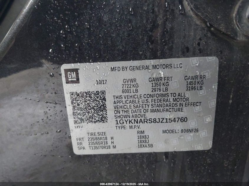 2018 Cadillac Xt5 Standard VIN: 1GYKNARS8JZ154760 Lot: 43967124