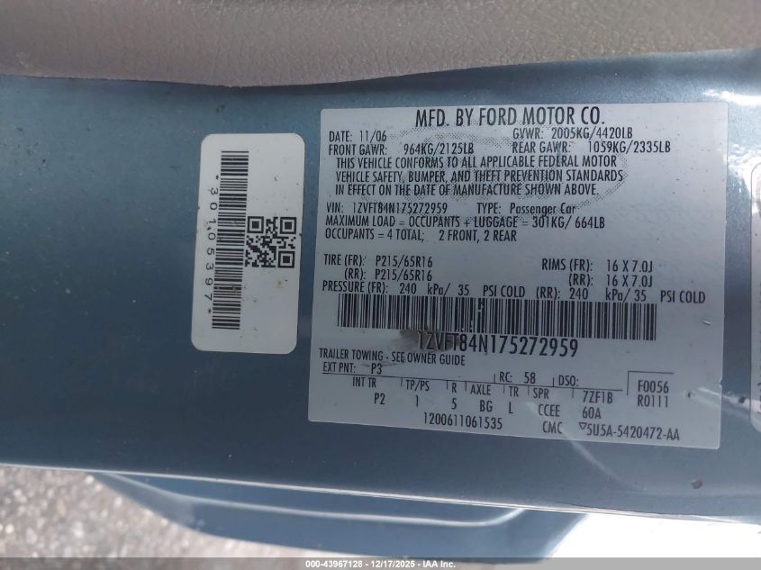 2007 Ford Mustang V6 Deluxe/V6 Premium VIN: 1ZVFT84N175272959 Lot: 43967128