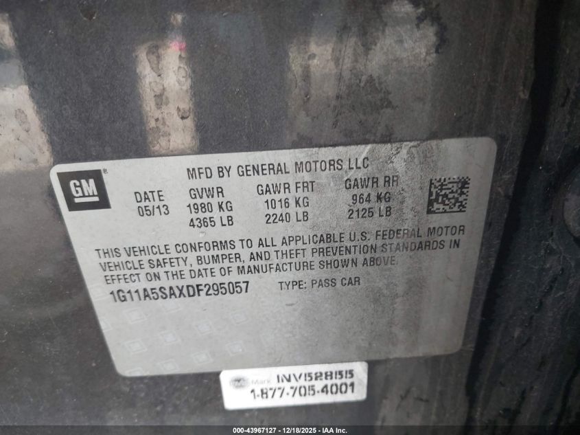 2013 Chevrolet Malibu 1Fl VIN: 1G11A5SAXDF295057 Lot: 43967127