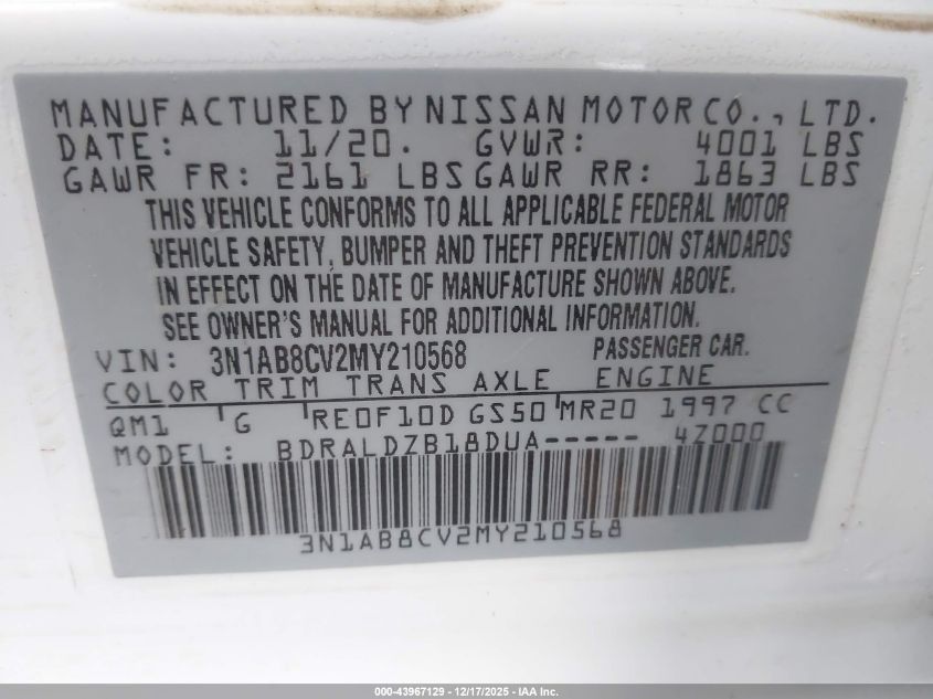 2021 Nissan Sentra Sv Xtronic Cvt VIN: 3N1AB8CV2MY210568 Lot: 43967129