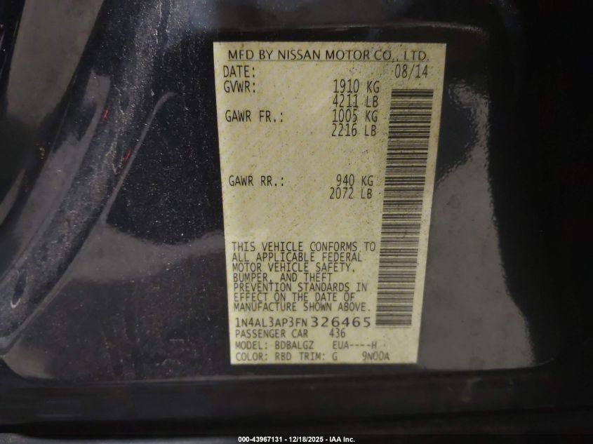 2015 Nissan Altima 2.5 S VIN: 1N4AL3AP3FN326465 Lot: 43967131