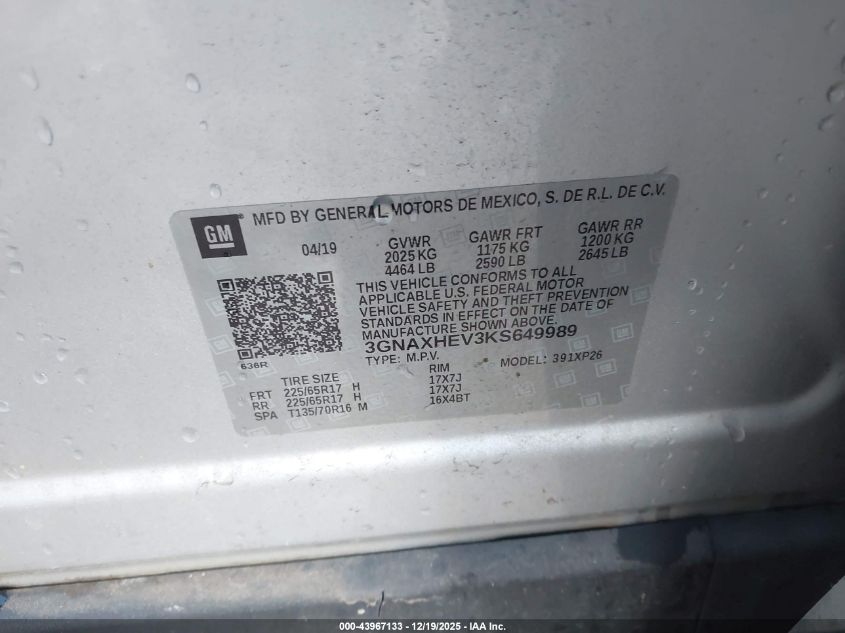 2019 Chevrolet Equinox Ls VIN: 3GNAXHEV3KS649989 Lot: 43967133