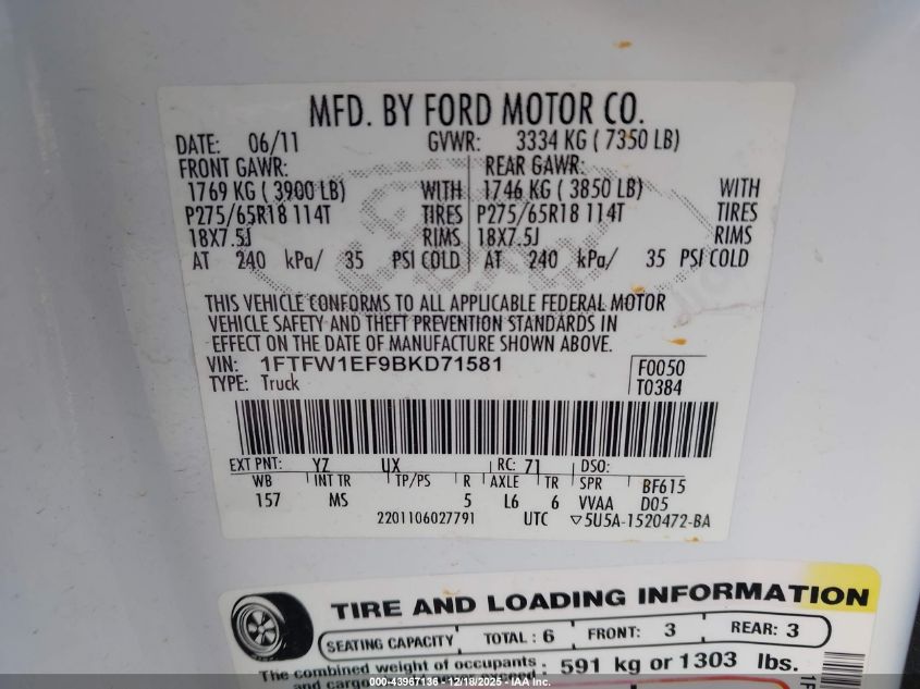 2011 Ford F-150 Xlt VIN: 1FTFW1EF9BKD71581 Lot: 43967136