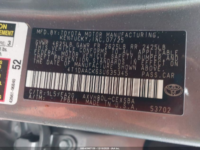 2025 Toyota Camry Se VIN: 4T1DAACK6SU635345 Lot: 43967139