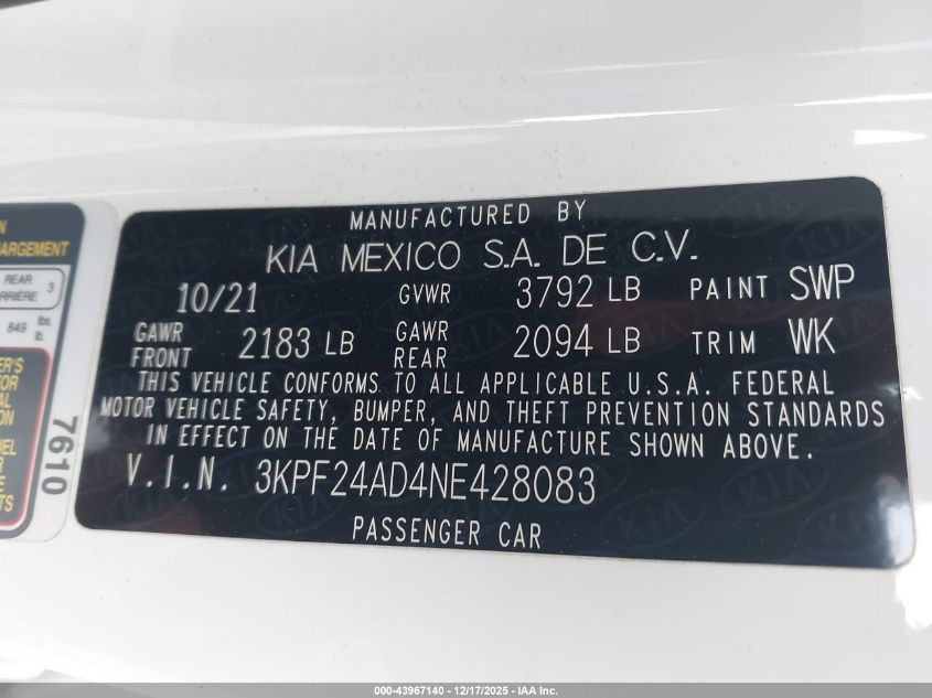 2022 Kia Forte Lxs VIN: 3KPF24AD4NE428083 Lot: 43967140
