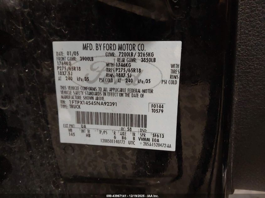 2005 Ford F-150 Fx4/Lariat/Xl/Xlt VIN: 1FTPX14545NA92391 Lot: 43967141