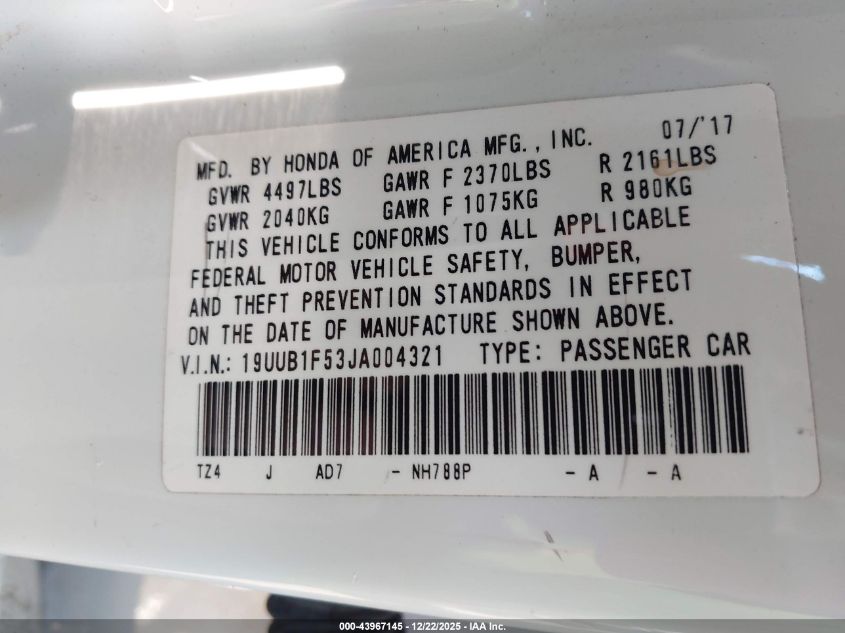 2018 Acura Tlx Tech Pkg VIN: 19UUB1F53JA004321 Lot: 43967145