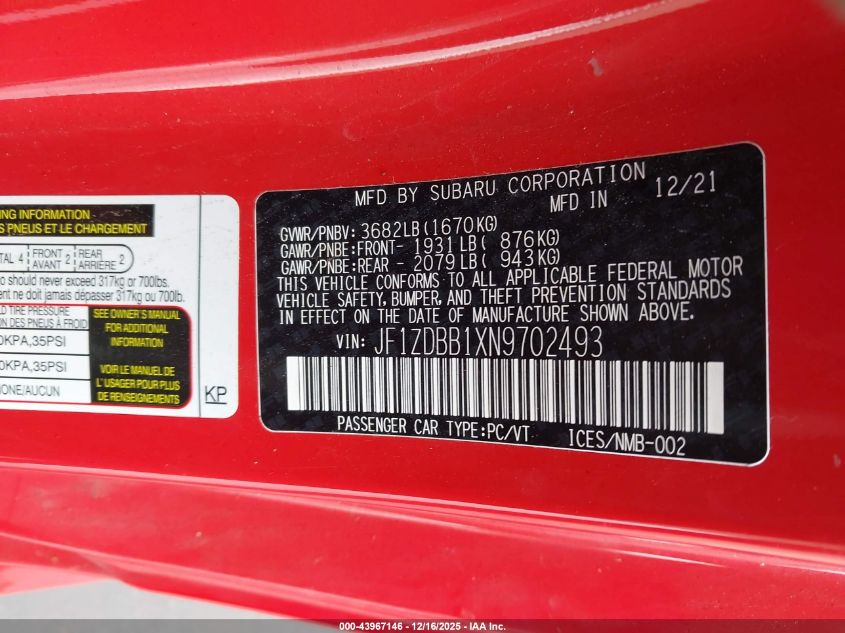 2022 Subaru Brz Premium VIN: JF1ZDBB1XN9702493 Lot: 43967146