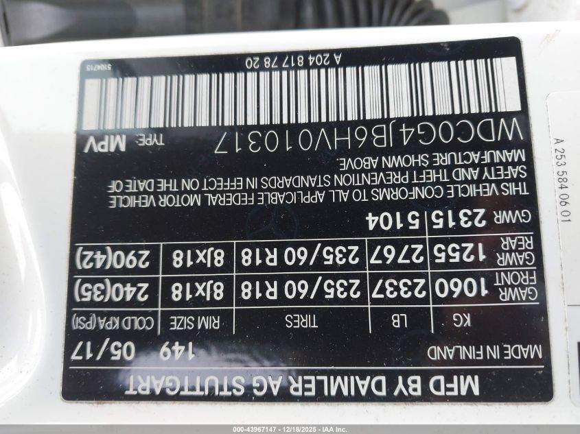 2017 Mercedes-Benz Glc 300 VIN: WDC0G4JB6HV010317 Lot: 43967147