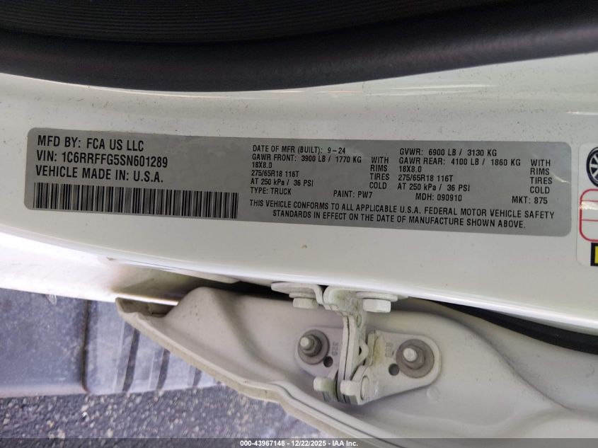 2025 Ram 1500 Big Horn 4X4 5'7 Box VIN: 1C6RRFFG5SN601289 Lot: 43967148