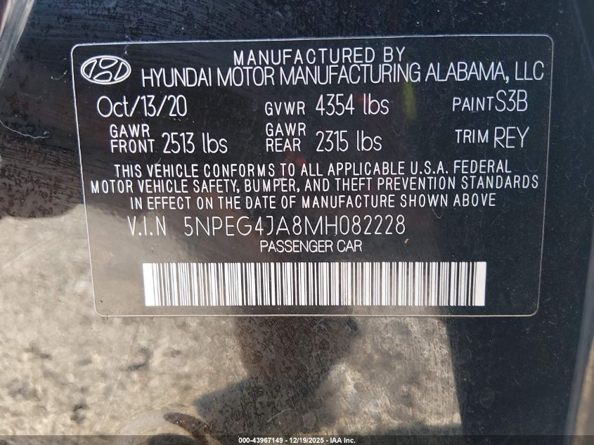 2021 Hyundai Sonata Se VIN: 5NPEG4JA8MH082228 Lot: 43967149
