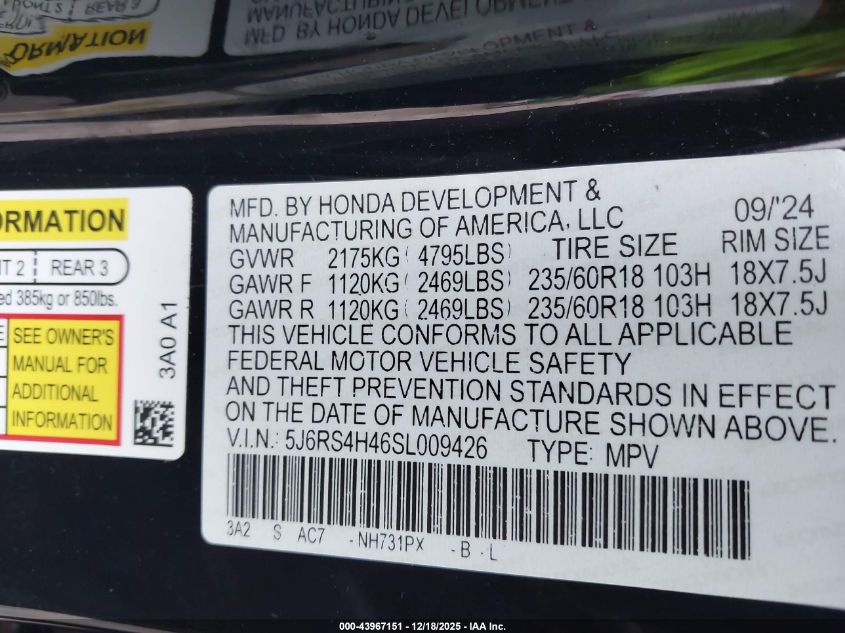 2025 Honda Cr-V Ex Awd VIN: 5J6RS4H46SL009426 Lot: 43967151