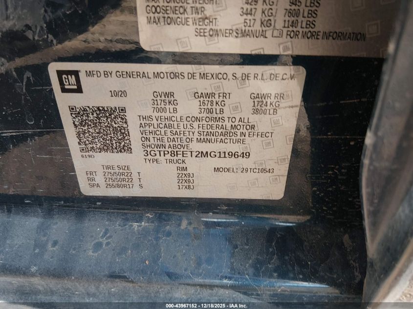 2021 GMC Sierra 1500 2Wd Short Box Denali VIN: 3GTP8FET2MG119649 Lot: 43967152