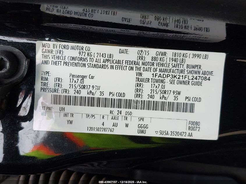 2015 Ford Focus Se VIN: 1FADP3K21FL247084 Lot: 43967157