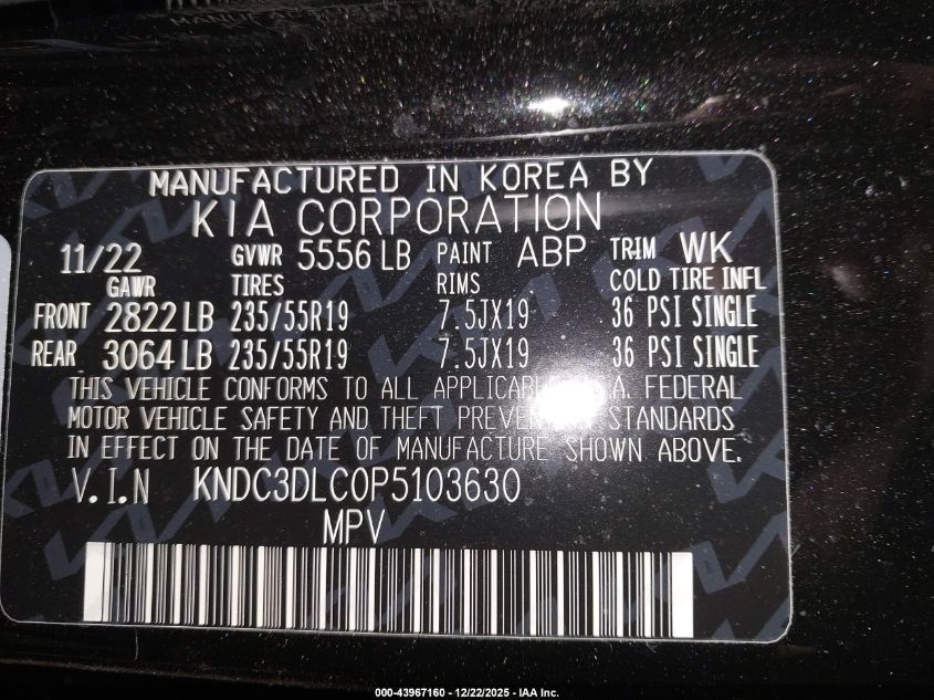 2023 Kia Ev6 Wind VIN: KNDC3DLC0P5103630 Lot: 43967160