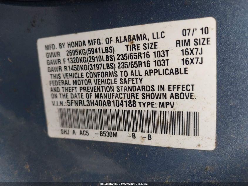 2010 Honda Odyssey Ex VIN: 5FNRL3H40AB104188 Lot: 43967162