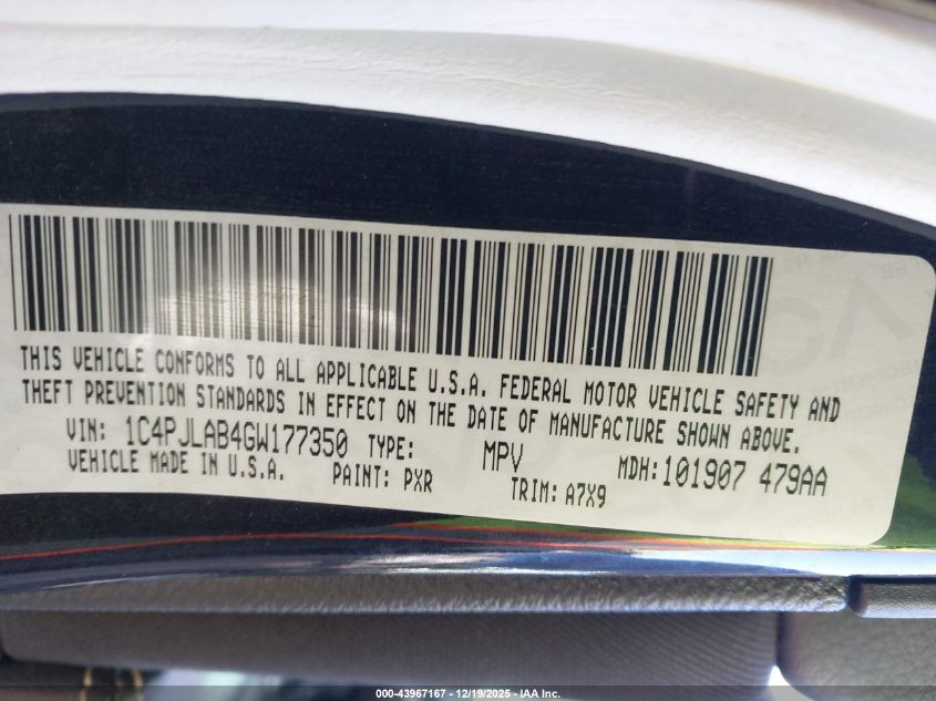 2016 Jeep Cherokee Sport VIN: 1C4PJLAB4GW177350 Lot: 43967167