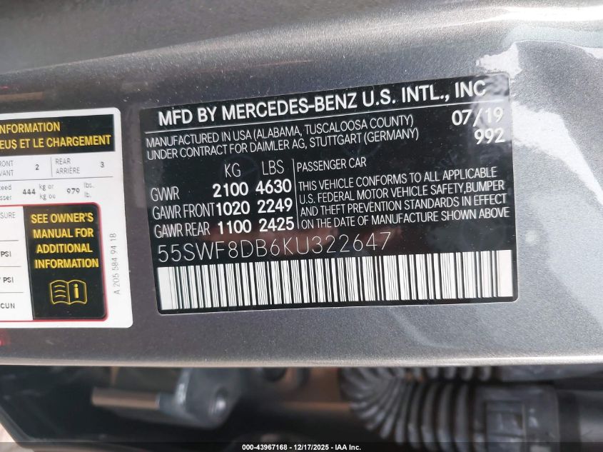 2019 Mercedes-Benz C 300 VIN: 55SWF8DB6KU322647 Lot: 43967168