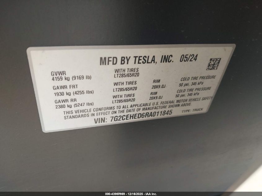 2024 Tesla Cybertruck All-Wheel Drive VIN: 7G2CEHED6RA011845 Lot: 43967169