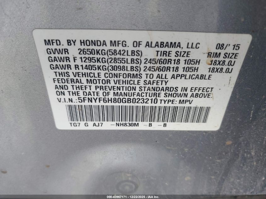 2016 Honda Pilot Ex-L VIN: 5FNYF6H80GB023210 Lot: 43967171