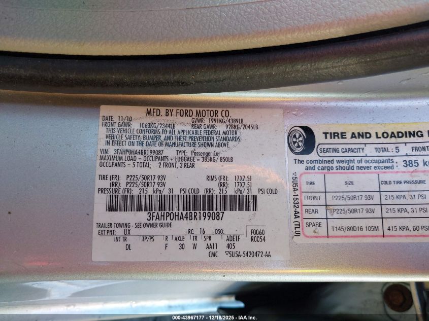 2011 Ford Fusion Se VIN: 3FAHP0HA4BR199087 Lot: 43967177