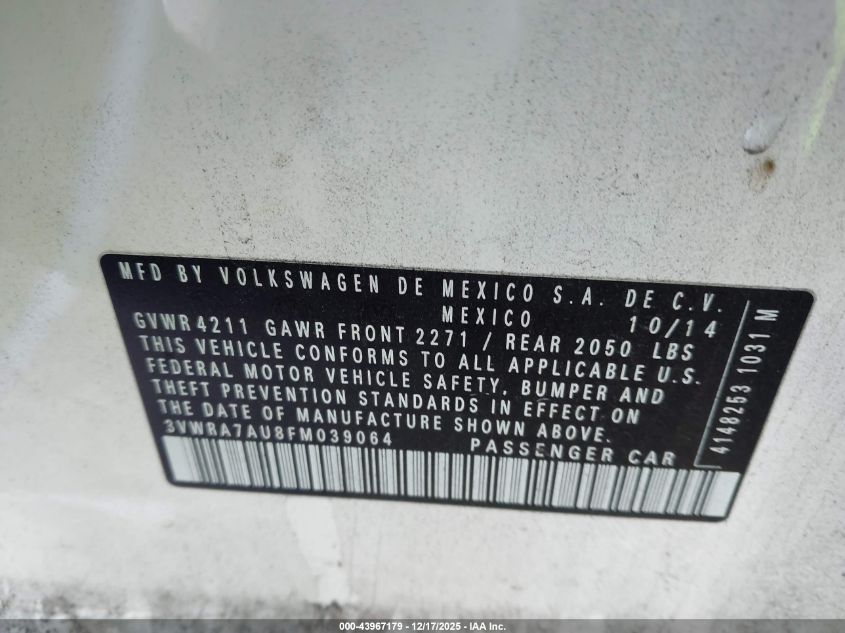 2015 Volkswagen Golf Tdi Sel 4-Door VIN: 3VWRA7AU8FM039064 Lot: 43967179