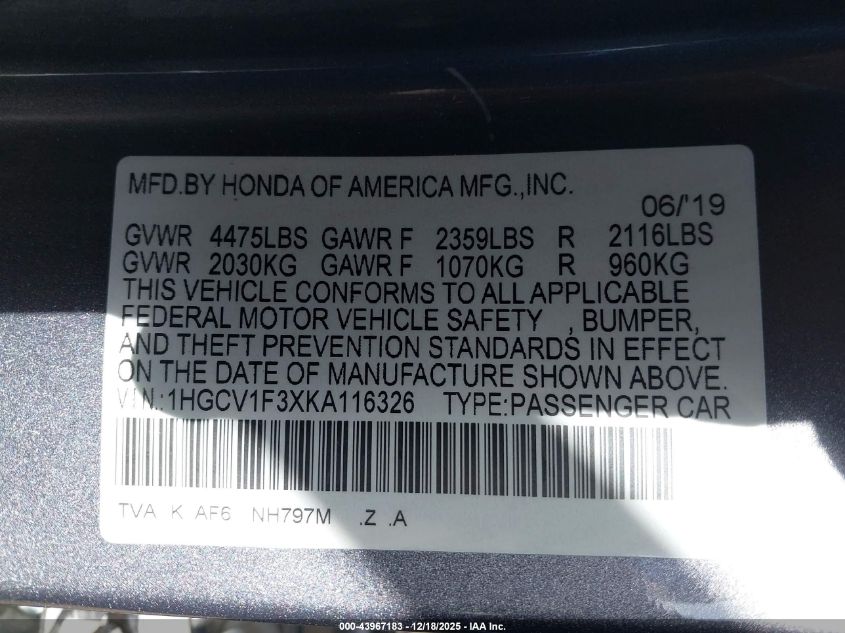 2019 Honda Accord Sport VIN: 1HGCV1F3XKA116326 Lot: 43967183