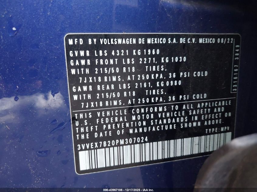 2023 Volkswagen Taos 1.5T Se VIN: 3VVEX7B20PM307024 Lot: 43967186