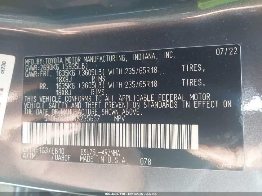 2022 Toyota Highlander Xle VIN: 5TDGZRBH9NS235657 Lot: 43967190