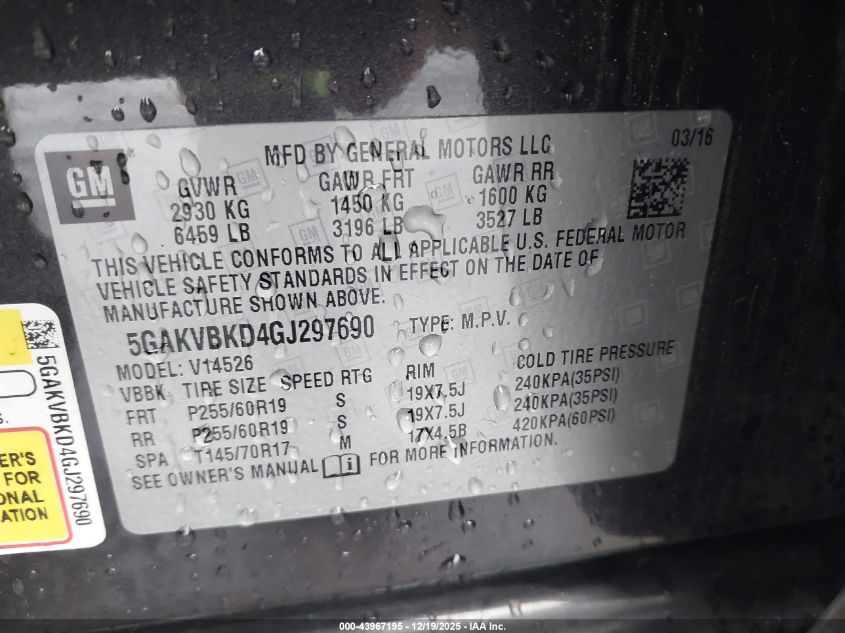 2016 Buick Enclave Leather VIN: 5GAKVBKD4GJ297690 Lot: 43967195