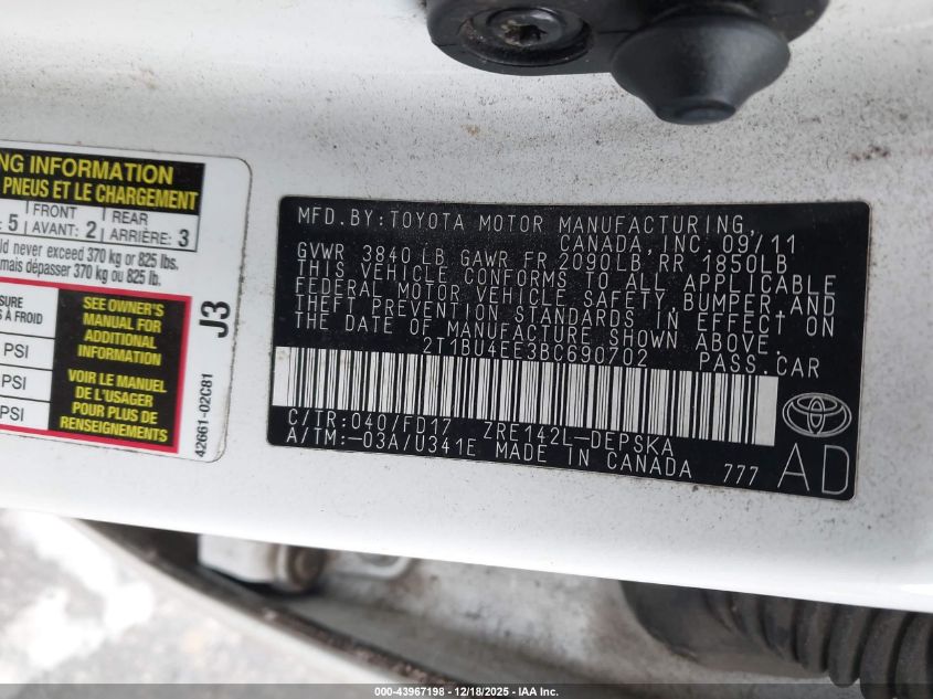 2011 Toyota Corolla S VIN: 2T1BU4EE3BC690702 Lot: 43967198