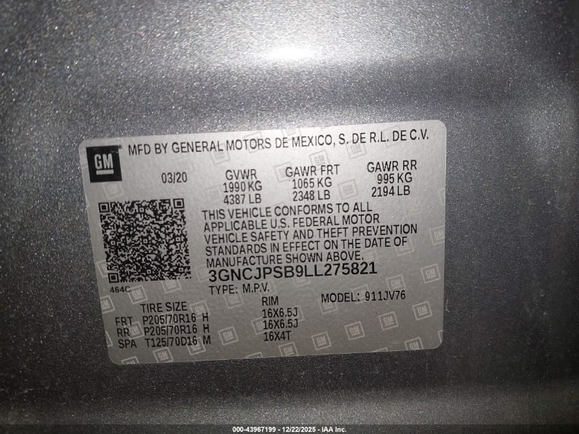 2020 Chevrolet Trax Awd Lt VIN: 3GNCJPSB9LL275821 Lot: 43967199