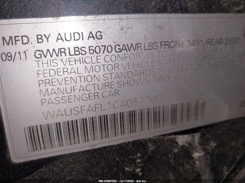 2012 Audi A4 2.0T Premium VIN: WAUSFAFL1CA057107 Lot: 43967202