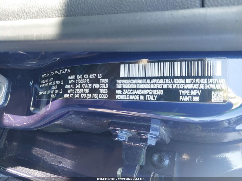 2017 Jeep Renegade Sport Fwd VIN: ZACCJAAB4HPG18380 Lot: 43967208