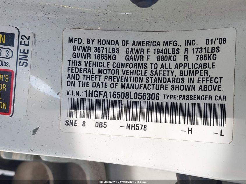2008 Honda Civic Lx VIN: 1HGFA16508L056306 Lot: 43967210