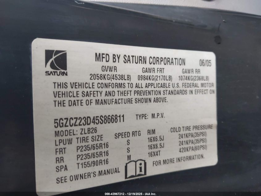 2005 Saturn Vue 4 Cyl VIN: 5GZCZ23D45S866811 Lot: 43967212