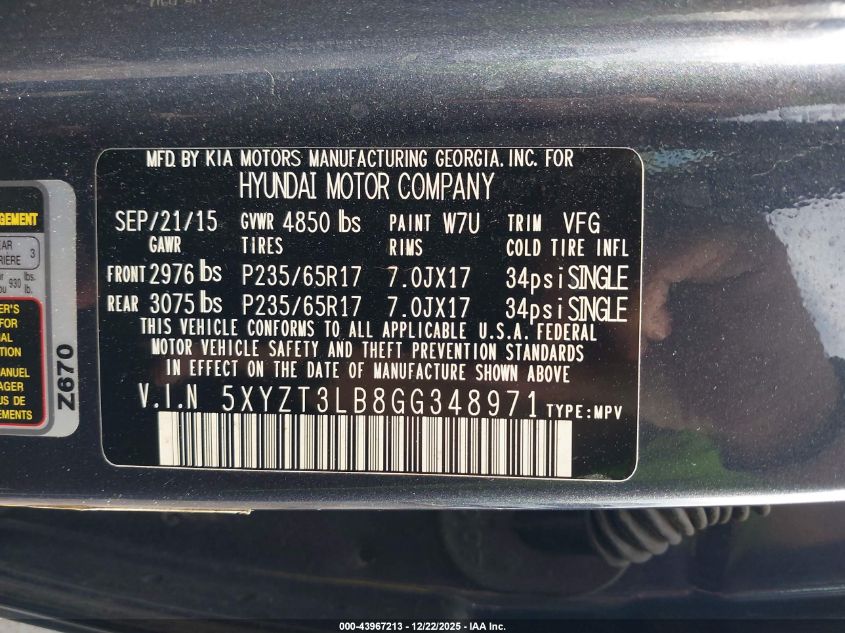 2016 Hyundai Santa Fe Sport 2.4L VIN: 5XYZT3LB8GG348971 Lot: 43967213