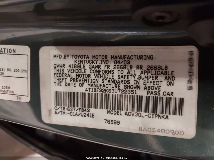 2003 Toyota Camry Le VIN: 4T1BE32K63U722351 Lot: 43967215