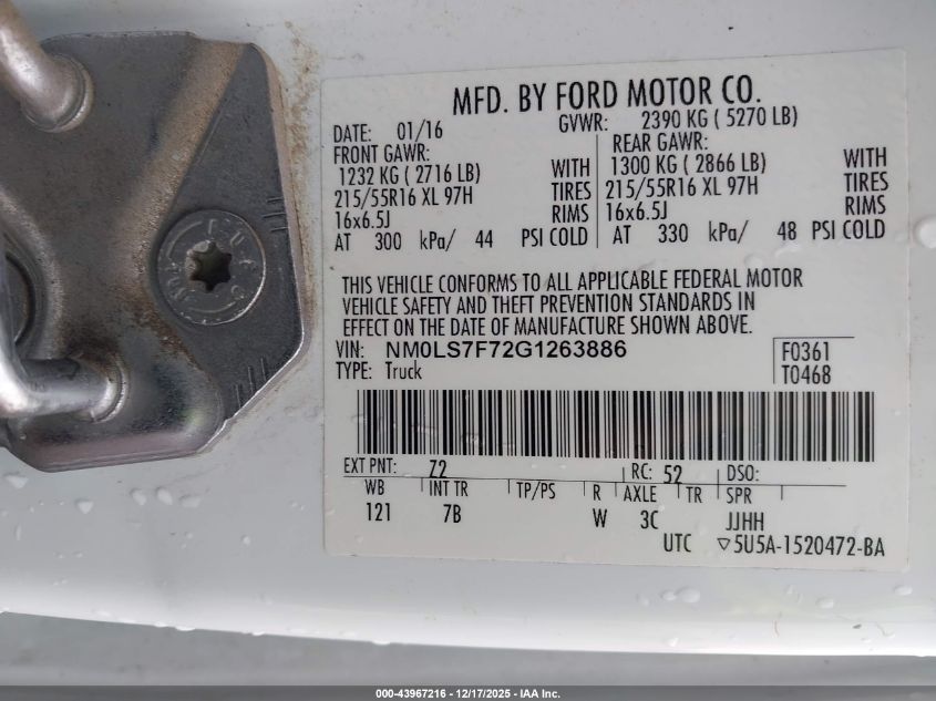 2016 Ford Transit Connect Xlt VIN: NM0LS7F72G1263886 Lot: 43967216